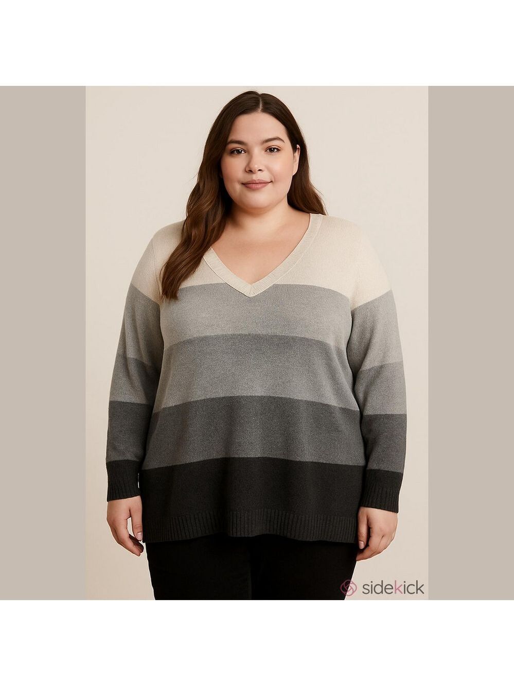 NWOT: Lane Bryant Striped V-Neck Sweater in Cream, Gray and Black Sz 26/28